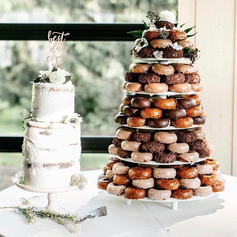 Are you team  or team  when it comes to #wedding dessert displays?! (We vote both! ) {Photo:…” Doughnut Tower, Donut Wedding Cake, Wedding Cake Options, Donut Tower, Donut Display, Twilight Wedding, Wedding Donuts, National Donut Day, Dessert Display