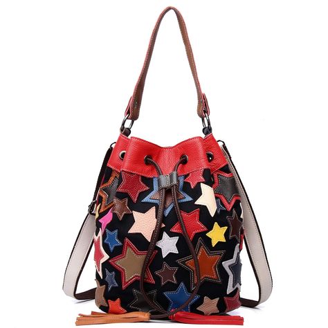 PRICES MAY VARY. 💗 Material: 100% genuine cow leather drawstring bucket bag.Full Unique Star stitching bohemian style design. Perfect middle size tote/handbag with plenty of room. Multicolored yet stylish,detachable shoulder adjustable strap. 🧡 Size: Approx: （L）9.84"*x（W )5.9"x (H) 11.8" / 25*15* 30 cm. unique bucket Bag. 4 ways to carry: Handheld / Arm carried / Single Shoulder / Cross body with the removable and adjustable long shoulder strap.This is a fashion bag. 💚 Structure: This big bag Bohemian Style Design, Handbag Vintage, Drawstring Bucket Bag, Vintage Patchwork, Big Bag, Bohemian Design, Ipad Air 2, Leather Bucket Bag, Star Stitch