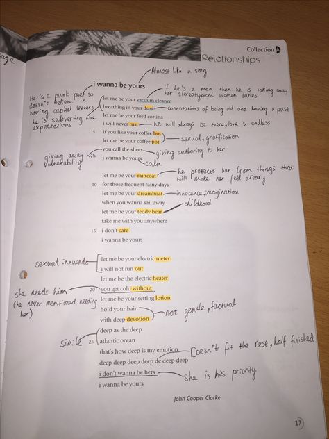 Annotation of the poem "i wanna be yours" for the English literature exam for 2017. #UnseenPoetry #EnglishLiterature #GCSE #Revision #Notes #Relationship Song Analysis Aesthetic, I Wanna Be Yours Poem, Song Annotation, Poem Annotation, Gcse Poetry Anthology, Music Gcse, Gcse Revision Notes, Gcse Music, Ma English Literature