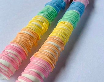 Chocolate Covered Pretzels Rods, Care Bear Party, Care Bear Birthday, Chocolate Covered Pretzel Rods, Candy Land Birthday Party, Covered Pretzels, Unicorn Party Favors, Pretzel Rods, Candyland Birthday