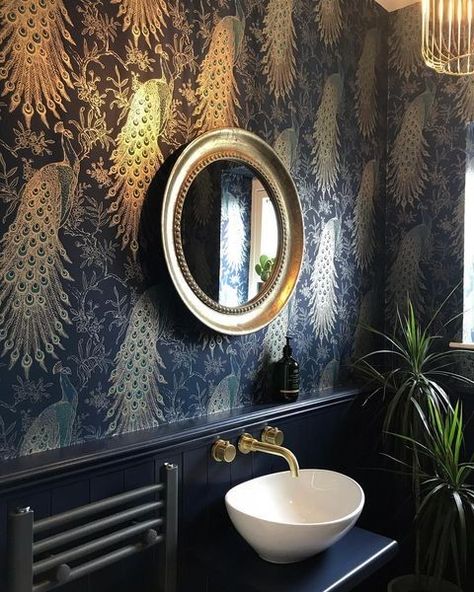 Wallpapered Toilet, Dark Blue Toilet Room, Navy And Pink Downstairs Toilet, Funky Toilet Wallpaper, Navy Bathroom Wallpaper, Peacock Powder Room, Navy Blue Bathroom Wallpaper, Art Deco Cloakroom Toilet, Pantry Design Ikea