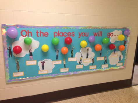 "Oh the places you will go" bulletin board. I had so much fun taking these pictures and watching their personalities shine through. The kids adored seeing what their friends wanted to be and really enjoyed the 3d balloons. I will definitely be doing this again next year! Look What I Did Board, Seasonal Bulletin Board Ideas, Oh The Places Youll Go Preschool Graduation, Oh The Places You’ll Go Classroom Door, The Places You’ll Go Graduation, Oh The Places You’ll Go Bulletin Board, Preschool Graduation Oh The Places You’ll Go, Hot Air Balloon Classroom Theme, Balloon Door