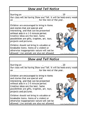 This free, printable show and tell notice features a picture of an announcer with a microphone, the dates the activity started, and the rules and guidelines for the classroom. Free to download and print Show And Tell Reminder Note, Show And Tell Letter To Parents, Show And Tell Ideas Preschool, Kindergarten Parent, Learning Stories, Sign Language Alphabet, Morning Meetings, Hindi Worksheets, Data Tracking