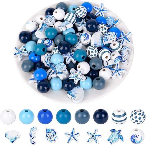 Amazon.com: 240 Pcs Ocean Wooden Beads Blue Wood Bead Summer Nautical Wood Craft Beads with Hole Starfish Seashell Conch Round Spacer Bubblegum Beads for Garland Jewelry Making Ocean Party Home Decoration Bead Coasters, Tray Decoration, Party Home Decoration, Blue Color Combinations, Craft Beads, Ocean Party, Blue Tips, White Sea, Bubblegum Beads