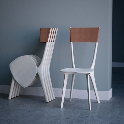 Most folding chairs look like, well, folding chairs. But Dublin-based Tierney Haines Architects has come up with this unobvious design: That's the Palfrey Chair and my first reaction, upon realizing that these are renderings and not photography, was to wonder: Would this design work? My eye was initially drawn to Unique Chairs Design, White Chairs, Chairs For Small Spaces, 광고 디자인, Foldable Chairs, Unique Chair, Folding Furniture, Smart Furniture, Chaise Design