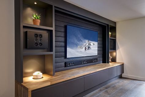 Wallpaper Tv Shows, Fireplace Tv Stand Decor, Tv Stand Decorations, Tv Girl Wallpaper, Cinema Lighting, Tv Room Decor, Show Character, Basement Home, Feature Wall Living Room