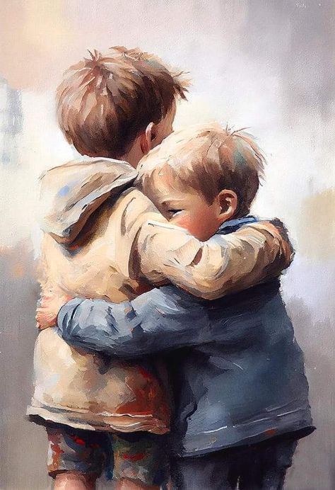 Boys Hugging, Brothers Art, Mom Art, Simple Acrylic Paintings, Two Brothers, Contemporary Modern Art, Painting Art Projects, Figure Painting, 그림 그리기