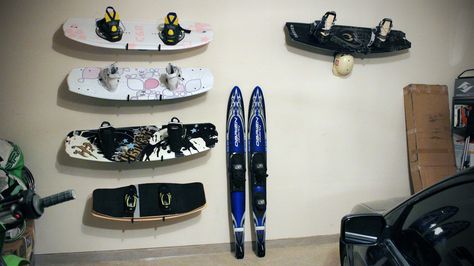 Wakeboards & Wakeskates mounted on the garage wall!  The hooks worked perfectly, can hold up to 50 lbs, and stick out far enough to allow the board to lean securely against the wall.  They can be found at: http://www.lowes.com/pd_267936-46882-24174PEXLG_0__?Ntt=blue+hawk+flip+up+storage=blue+hawk+flip+up+storage=3721828=32 Wakeboard Storage, Gopro Surfing, Storage Idea, Ski Storage, Paddle Sports, Sup Surf, Storage Wall, Boat Stuff, Water Photography