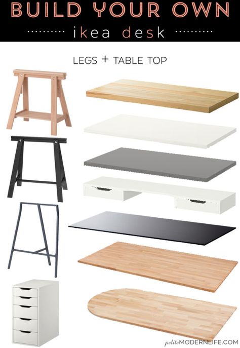 Build your own modern + sleek desk for as low as $26 (like this pretty one with trestle legs + white table top!) Ikea Desk Legs, Build Desk, Desk Ikea, Sleek Desk, Desk Diy, Ikea Desk, Desk Legs, Office Crafts, Craft Room Office