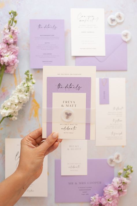 Beautiful, elegant invitation suite with soft lavender tones, complete with vellum belly band and hydrangea wax seal. Lilac Invitations, Vellum Belly Band, Wedding Motif, Purple Invitations, Save The Dates Wedding, Wedding Motifs, Modern Wedding Stationery, Navy Wedding Invitations, Purple Wedding Invitations