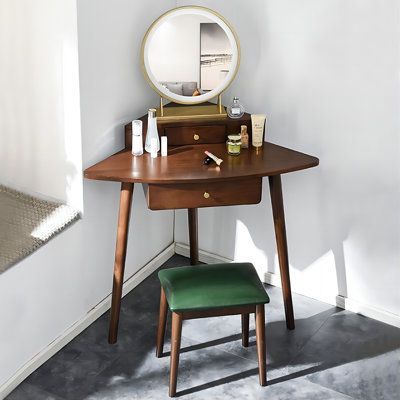 Brezza Vanity in Brown by Everly Quinn Tiny Dressing Table, Mirror Design In Bedroom, Corner Storage Bedroom, Small Bedroom Makeup Vanity, Make Up Vanity Room, Vanity In Small Bedroom, Vanity Ideas Small Bedroom, Tiny Bedroom Organization, Corner Vanity Ideas Bedroom