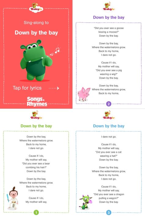 Song Lyrics from BabyTV's Songs & Rhymese For more visit: https://www.babytv.com/show/songs-rhymes/ Nursery Rhymes | Preschool | Music | Toddler Activities | Parenting Down By The Bay, Nursery Rhymes Preschool, How To Wear A Wig, Preschool Projects, Preschool Music, Daycare Activities, Songs Lyrics, Kids Songs, Me Me Me Song