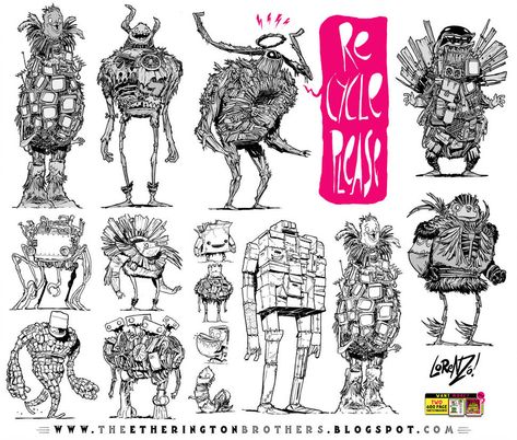 12 Junk and Trash Monster Robot Design Concepts by STUDIOBLINKTWICE Trash Monster, Fashion Design Concept, Inktober Inspiration, Monster Sketch, Robot Monster, Concept Inspiration, Celtic Gods, Dream Food, Monster Characters