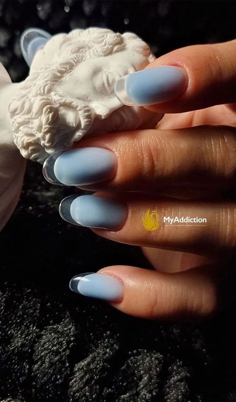 french nails, french glass nails, clear tip nails, french manicure, nail trends, french glass manicure, french clear tips, transparent tip nails, french tip nails Clear Tip Nails, French Glass Nails, Blue Nails French, Glass Manicure, Nails Clear, Baby Blue Nails, French Glass, Blue Tips, Nails Winter