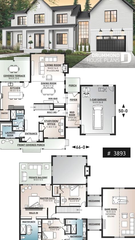 4 bedroom modern farmhouse plan, 3 baths, garage, spectacular living room with fireplace and 20' ceiling 4 Bedroom Modern Farmhouse, Interior Design Country, Case Minecraft, White Modern Farmhouse, Sims 4 House Plans, Desain Pantry, Casas The Sims 4, Room With Fireplace, Sims House Plans