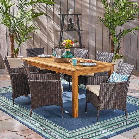 Brayden Studio Dibble Outdoor Expandable 7 Piece Dining Set with Cushions | Wayfair Acacia Wood Table, Outdoor Lounge Area, 3 Piece Dining Set, 7 Piece Dining Set, 5 Piece Dining Set, Patio Dining Table, Noble House, Outdoor Wood, Patio Dining Set