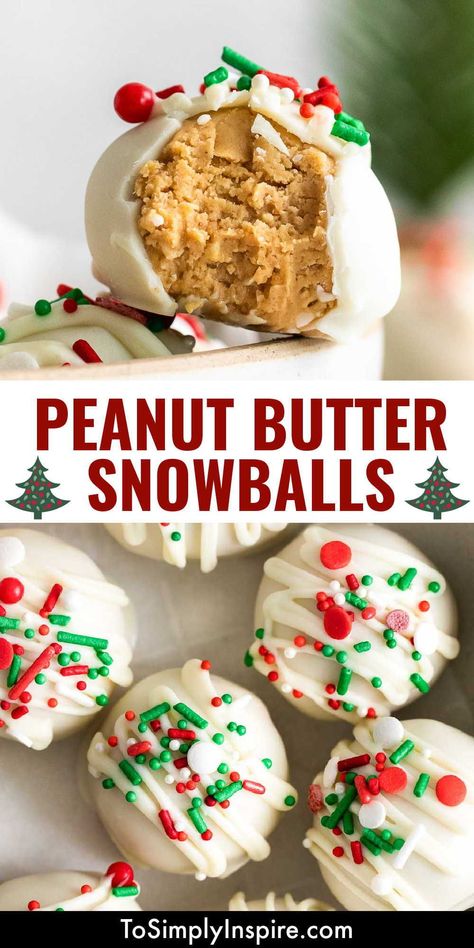 Spruce up your Christmas dessert tray with these adorable and festive Peanut Butter Snowballs! These no-bake truffles are made with creamy peanut butter and graham cracker crumbs in white candy coating and holiday sprinkles for wonderful treat this holiday season! Peanut Butter Balls With Graham Crumbs, Peanut Butter Balls With Graham Crackers, Winter Treat Ideas, Peanut Butter Snowballs, Christmas Dessert Tray, Peanut Balls, Vacation Snacks, No Bake Truffles, Christmas Truffles