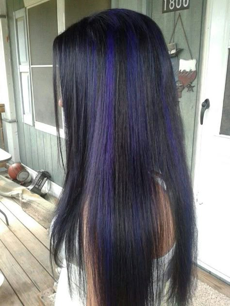 Purple Hair Toner, Blue Highlights In Black Hair, Black Hair With Purple Highlights, Black Hair With Purple, Hair With Purple Highlights, Red Hair Streaks, Purple Black Hair, Hair With Purple, Midnight Blue Hair