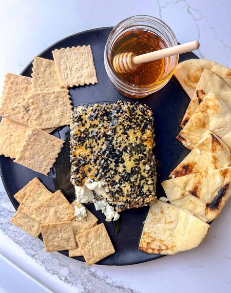 A Greek appetizer made with feta cheese and sesame seeds. Sesame Feta, Fried Feta Cheese, Greek Appetizer, Fried Feta, Cheese With Honey, Greek Meze, Greek Appetizers, Cheese Appetizer, Gut Health Recipes