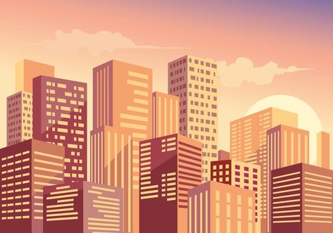 Beautiful Cityscape at Sunset City Background Illustration, City Illustration Art, Cities Illustration, Buildings Illustration, Cityscape Drawing, Bg Design, City Vector, City Cartoon, Building Illustration