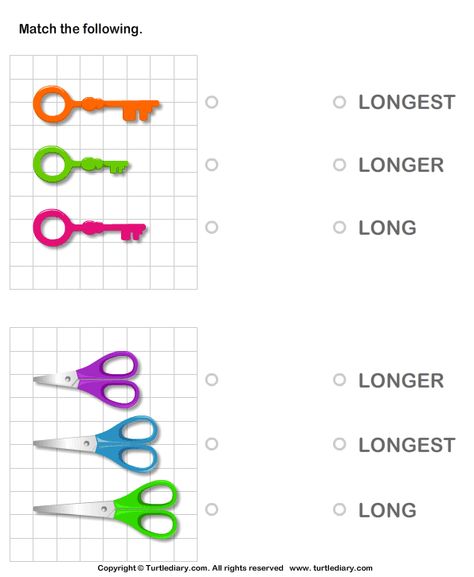 Long, longer, longest - TurtleDiary.com Long Longer Longest Worksheet, Preschool Fine Motor Skills, Classroom Rules Poster, Stem Classroom, Preschool Fine Motor, English Grammar Worksheets, Free Math Worksheets, Math Help, 1st Grade Worksheets