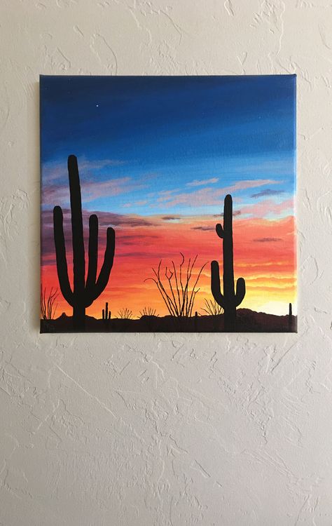 Canyon Painting Simple, Desert Acrylic Painting Ideas, Arizona Art Painting, Sunset Cactus Painting, Arizona Painting Ideas, Desert Canvas Painting, Arizona Sunset Painting, Desert Landscape Paintings Acrylic, Easy Paintings Western