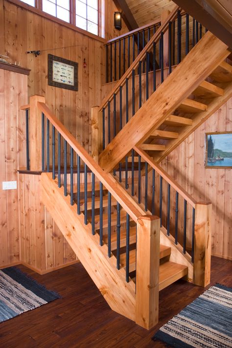 Cabin Stairs, Staircase Pictures, Rustic Staircase, Interior Stair Railing, Rustic Stairs, Log Home Interiors, Lake House Interior, Stairs In Living Room, Stair Railing Design