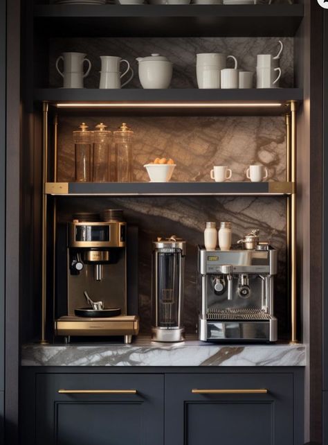 Coffee Bar Styling, Kaffe Bar, At Home Coffee, Stainless Steel Kitchen Cabinets, Coffee/wine Bar, Steel Kitchen Cabinets, Coffee Inspiration, Space Coffee, Coffee Station Kitchen