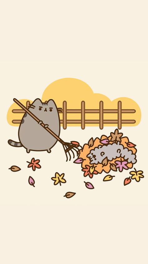 #pusheen #pusheencat #leaves #raking #fall #autumn #cat #kitten #stormy #pip #cute #phone #iphone #lockscreen #wallpaper #background Cats Wallpaper Iphone, Pusheen Stormy, Pusheen Cute, Thanksgiving Wallpaper, Cat Background, Cute Fall Wallpaper, Pusheen Cat, Dessin Adorable, Kawaii Wallpaper