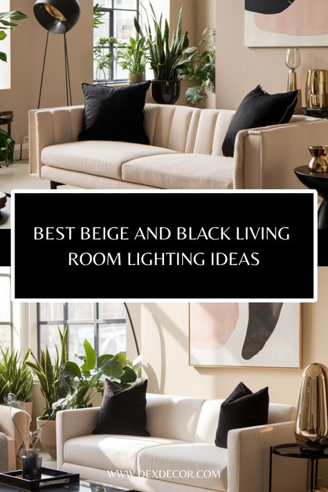 Beige and black living room with stylish lighting and modern decor. Black Living Room Aesthetic, Beige And Black Living Room, Cream Couch Living Room, Livibg Room, Balance Beige, Kitchen Flooring Trends, Black And Gold Living Room, Kitchen Tile Inspiration, Living Room Lighting Ideas