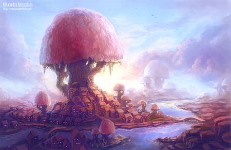 Mushroom city by Sedeptra Mushroom Island, Mushroom City, Fantasy Setting, Fantasy Places, Mushroom Art, Landscape Scenery, Game Inspiration, Environment Concept Art, Fantasy Inspiration