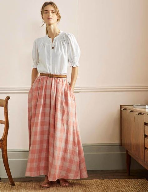 Pull-on Linen Midi Skirt - Tonal Pink, Gingham | Boden UK Gingham Clothes, Modest Style Inspiration, Linen Maxi Skirt, Linen Midi Skirt, Polka Dot Midi Skirt, Elastic Skirt, Gingham Skirt, Wardrobe Refresh, Pink Gingham