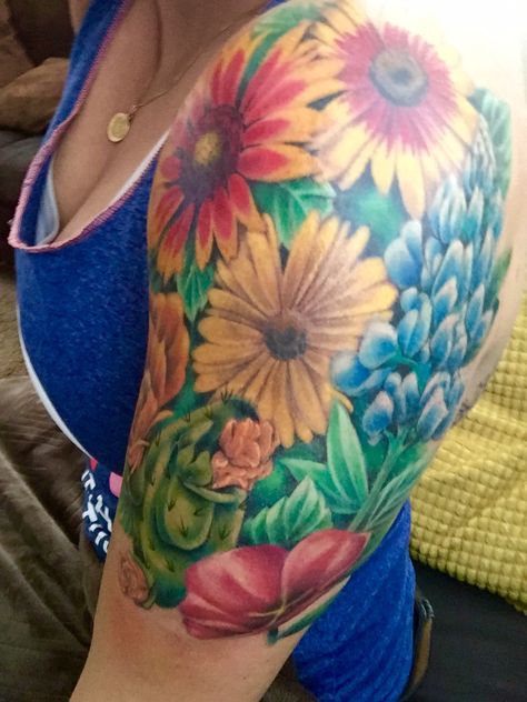 New girly flower sleeve all Texas wildflowers Bluebonnet And Sunflower Tattoo, Texas Flower Tattoo, Texas Wildflower Tattoo, Texas Tattoo Ideas For Women, Girl Shoulder Tattoos, Wildflower Tattoo, Skull Sleeve Tattoos, Remembrance Tattoos, Pieces Tattoo