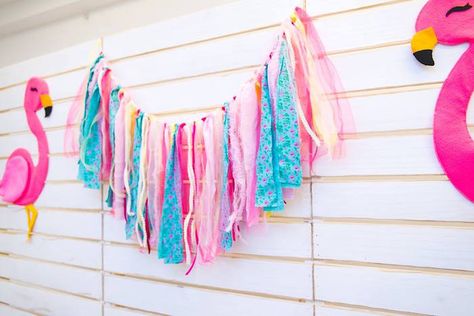 Fabric strip tassel garland from a Tropical Flamingo Birthday Party on Kara's Party Ideas | KarasPartyIdeas.com (21) Tropical Flamingo Birthday Party, Flamingo Backdrop, Pool Cupcakes, Pool Party Drinks, Pool Party Supplies, Flamingo Invitation, Pineapple Cupcakes, Pink Marshmallow, Tropical Elements