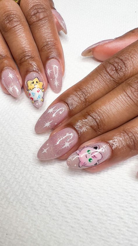 Eevee Nails, Espeon Nail Art, Jigglypuff Nails, Pokemon Nails Art, Pink Pokemon Nails, Pokemon Theme Nails, Pokemon Nail Art, Goth Stiletto Nails Designs, Pokemon Nails