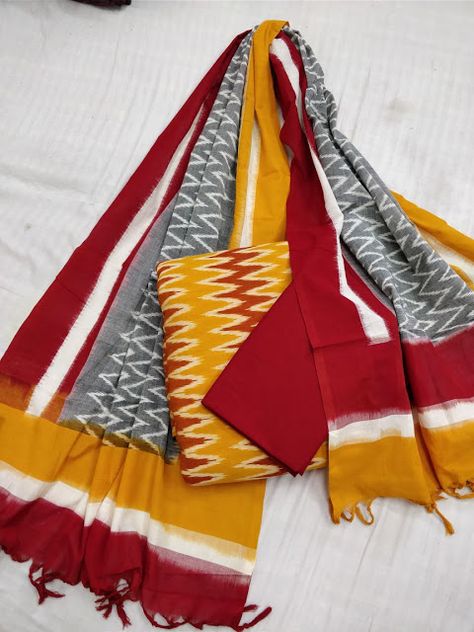 Double ikkat cotton dress material - Elegant Fashion Wear Diwali Fashion, Ikkat Dress Materials, Pure Cotton Suits, Pattu Saree Blouse Designs, Churidar Designs, Ikat Dress, Elegant Fashion Wear, Salwar Designs, Dress Salwar Kameez