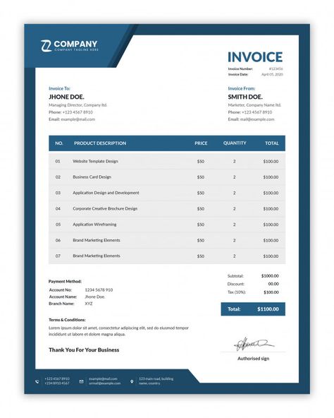 Modern corporate invoice template Premiu... | Premium Psd #Freepik #psd #business Word Table Design, Word Table, 보고서 디자인, Invoice Design Template, Invoice Template Word, Business Invoice, Brochure Design Creative, Invoice Design, Website Template Design