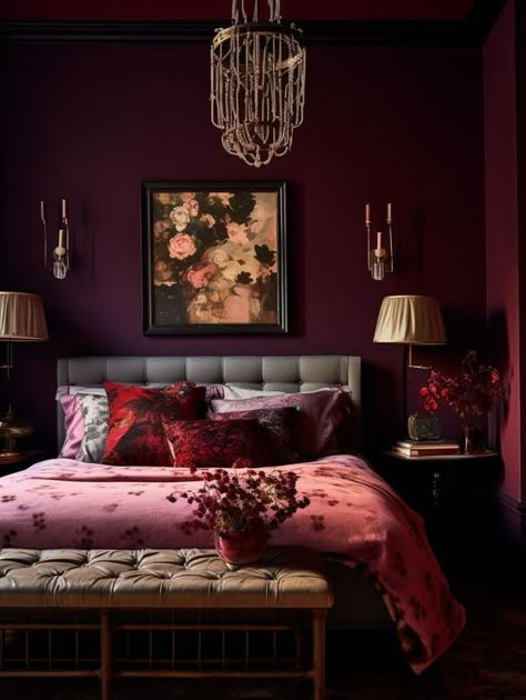 Cozy Bedroom Ideas For Couples Romantic, Magenta Bedrooms, Plum Bedroom, Burgundy Bedroom, Dark Cozy Bedroom, Bedroom Ideas Romantic, Minimalist Bed, Cozy Bedroom Ideas, Feminine Bedroom