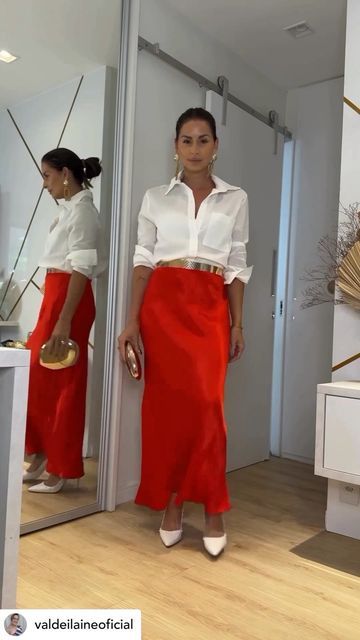 Styling Red Skirt, Red Short Skirt Outfit, Red Slip Skirt Outfit, Red Satin Skirt Outfit, Red Pencil Skirt Outfit, Red Skirt Outfit Ideas, Winter Dressy Outfits, Maxi Skirt Ideas, Red Skirt Outfit