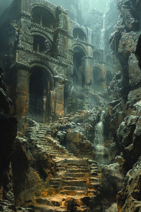 Abandoned Dwarven City, Dungeon Concept Art Environment, Ancient Ruins Concept Art, Ruined Kingdom, Dwarven City, Fantasy Cottage, Ancient Babylon, Building Map, Ruined City