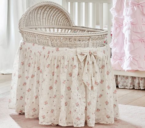 Vintage Baby Bed, Cute Bassinet, Loveshack Fancy Nursery, Coquette Nursery, Bassinets For Baby, Vintage Bassinet, Bassinet Basket, Bassinet Skirts, Pottery Barn Bassinet