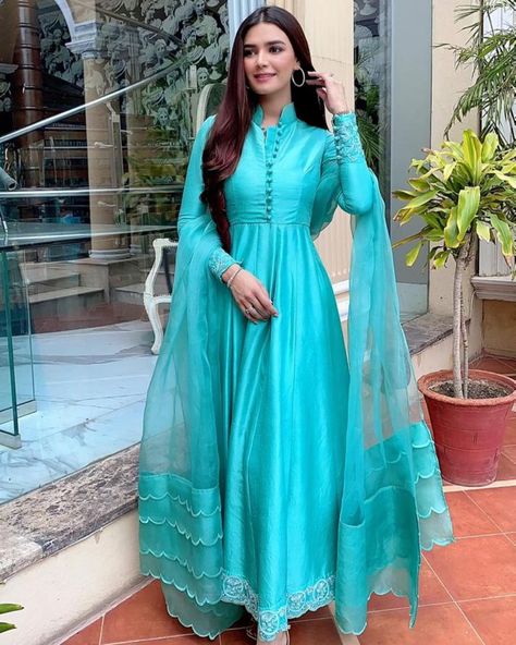 Ansab Jahangir on Instagram: “Gorgeous Kiran in our custom turquoise kalidaar from AVIN✨ Styled by: @anilamurtaza #ansabjahangir #ansabjahangirstudio #DIA…” Pakistani Dresses Fancy, Lehenga Pastel, Kiran Haq, Ansab Jahangir, Designer Dresses Couture, Pakistani Dresses Party, Womens Evening Gowns, Eastern Dresses, Kurti Embroidery