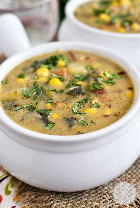 Thicker than soup yet thinner than stew, Roasted Poblano, Sweet Corn and Potato Soup is warming and filling. Poblano Soup, Gluten Free Soup Recipes Glutenfree, Roasted Poblano, Potato Chowder, Roasted Cauliflower Soup, Chile Poblano, Healthy Soups, Hamburger Soup, Gnocchi Soup