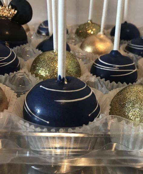 Navy Blue And Silver Dessert Table, Blue Gold Dessert Table, Navy Blue And Gold Candy Table, Blue And Gold Treats, Navy Blue And Gold Pretzels, Fancy Cake Pops, Glitter Cake Pops, 55th Anniversary, Gold Cupcakes