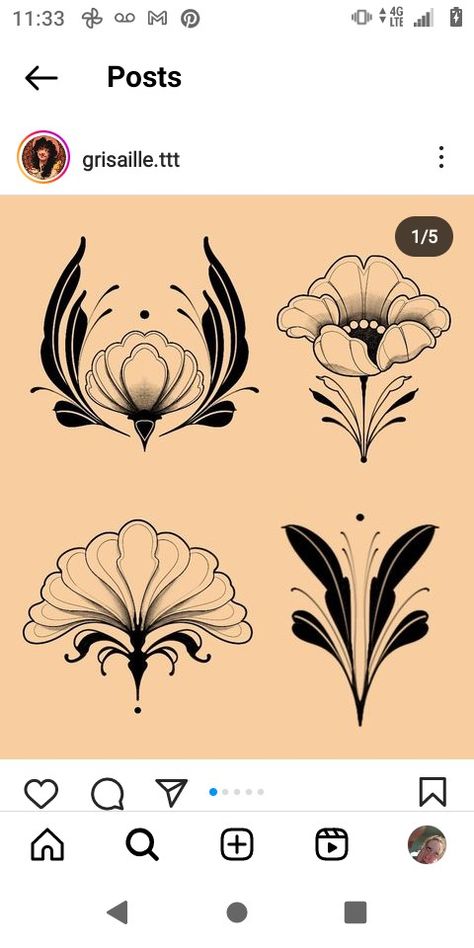 Art Nouveau Tattoo Flower, Lower Hip Tattoos, Art Nouveau Tattoo Design, Tatuaje Cover Up, Fleurs Art Nouveau, Art Deco Tattoo, Art Nouveau Tattoo, Motifs Art Nouveau, Nouveau Tattoo