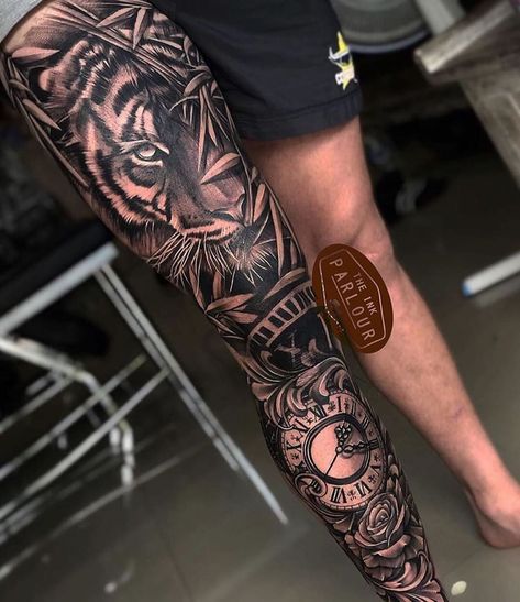 Thigh Sleeve Tattoo, Upper Leg Tattoos, Tattoo Bras Homme, Tato Tradisional, Tiger Tattoo Sleeve, Tato Suku, Best Leg Tattoos, Tato Paha, Full Leg Tattoos