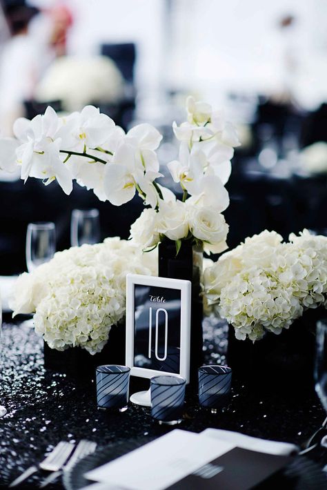 black and white wedding centerpiece and table numbers ~  we ❤ this! moncheribridals.com November Wedding Guest Outfits, White Wedding Centerpieces, Black And White Wedding Theme, Black White Parties, Hydrangea Centerpiece, Outfit 2020, White Wedding Theme, Modern Wedding Decor, Hydrangeas Wedding