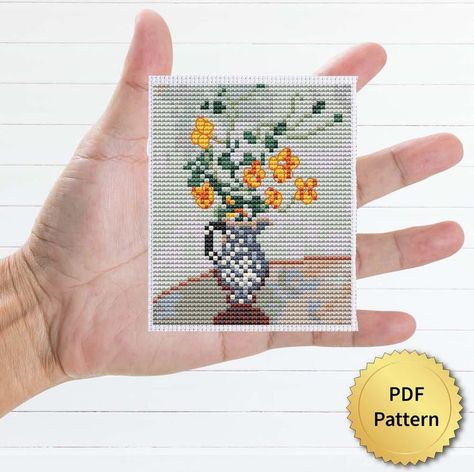 Monet Cross Stitch, Unique Cross Stitch Patterns, Cross Stitch Patterns For Beginners, Unique Cross Stitch, Monet Art, Mini Cross Stitch, Blue Vase, Gifts For Art Lovers, Delicate Details