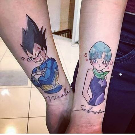 Vegeta And Bulma Tattoo Ideas, Matching Dragon Ball Z Tattoo, Dragon Ball Couple Tattoos, Dragon Ball Z Couple Tattoo, Vegeta Bulma Tattoo, Bulma And Vegeta Tattoo, Vegeta Y Bulma Tattoo Pareja, Bulma And Vegeta, Dragon Ball Z Tattoo