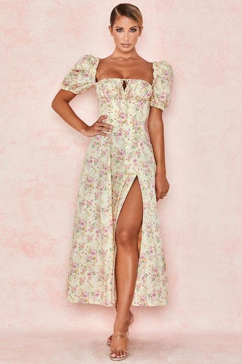 Veloristore Flower Print Dress Summer, Off Shoulder Floral Dress, Print Summer Dress, Summer Dress Women, Split Long Dress, House Of Cb Dresses, Mid Calf Dresses, Midi Sundress, Bandage Dress Bodycon